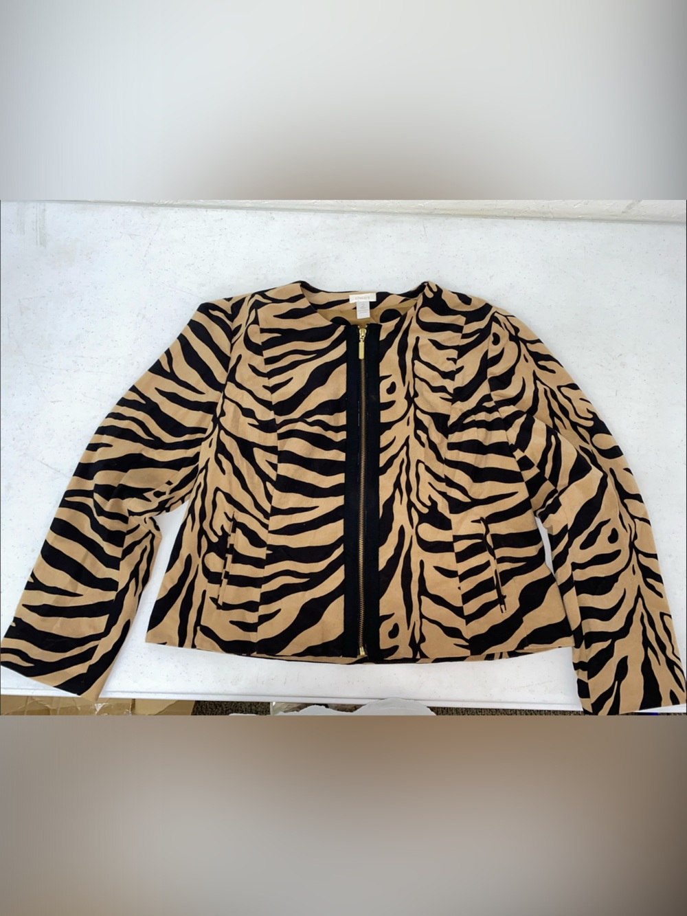 Chico's Tan and Black Zebra-Print Bomber Jacket